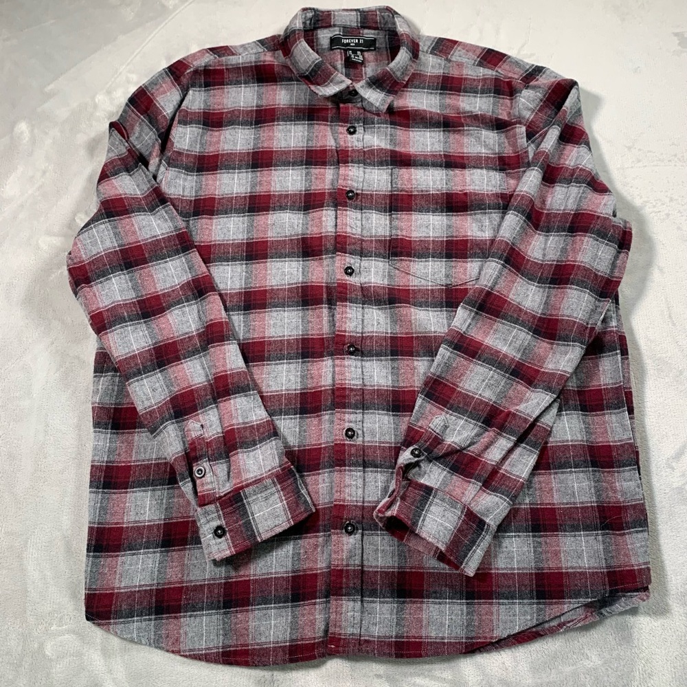 Red and Gray Plaid Button-Up Shirt